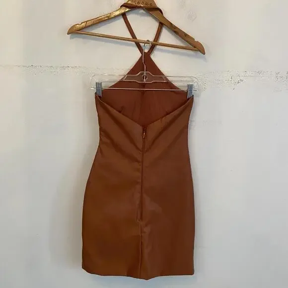 NOOKIE brown leather halter gathered waist mini dress sz M Women